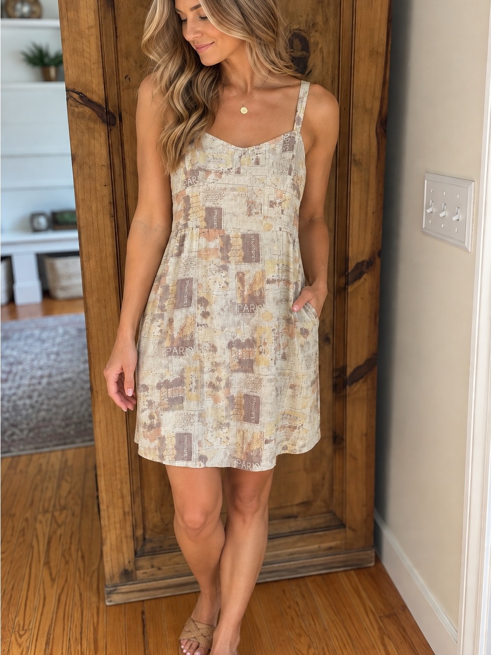Urban Outfitters Sleeveless Patchwork Print Sundress Beige Cali Paris Small